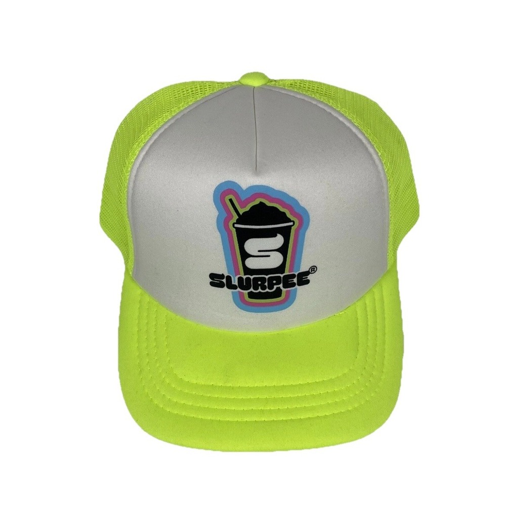 Slurpee 7-11 Trucker SnapBack Hat Cap Neon Yellow Green Mesh Limited Edition EUC